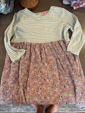 Girls' Pink Floral & Mint Striped Long-Sleeve Dress